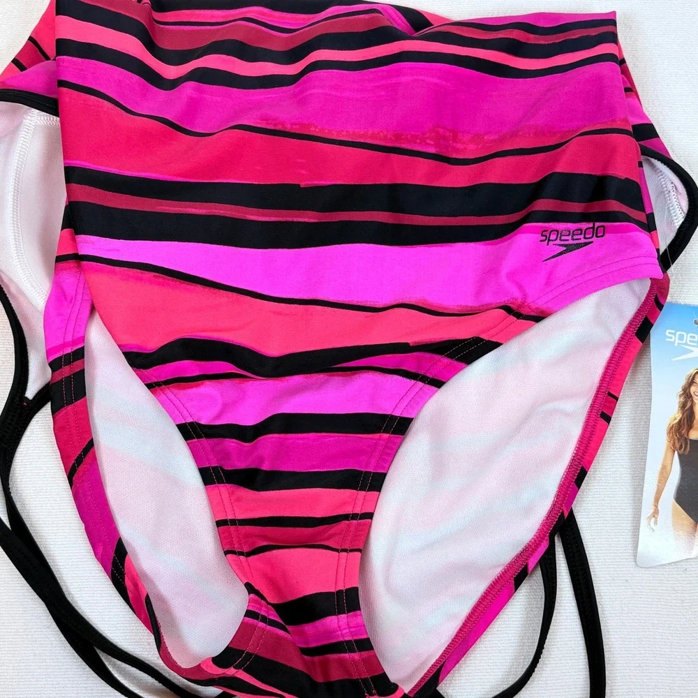 Speedo Women One Piece Swimsuit Hot Pink Magenta Striped Double Strap  Sz 8 $88
